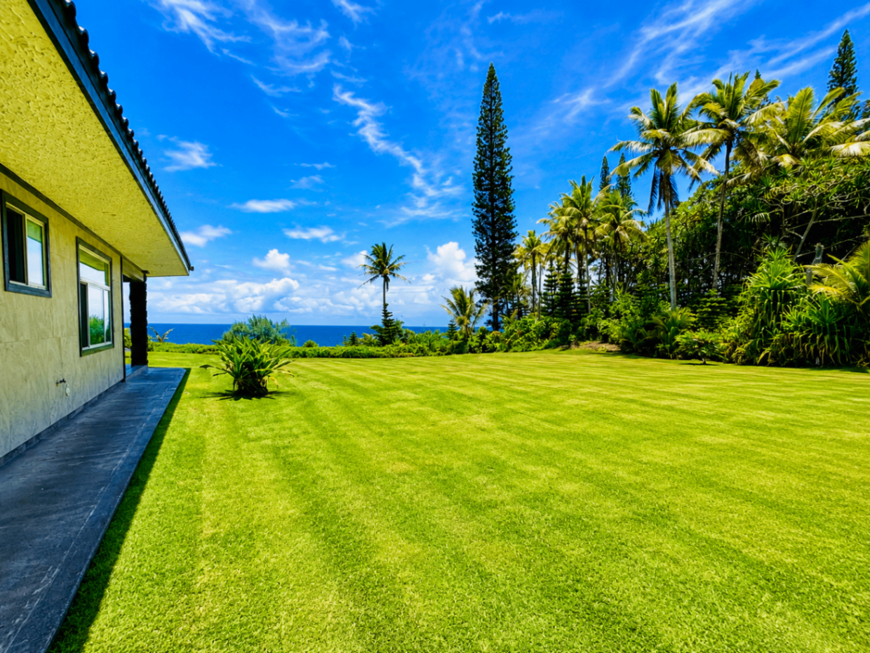 Manicured oceanfront lawn beside the villa opening onto the Pacific horizon