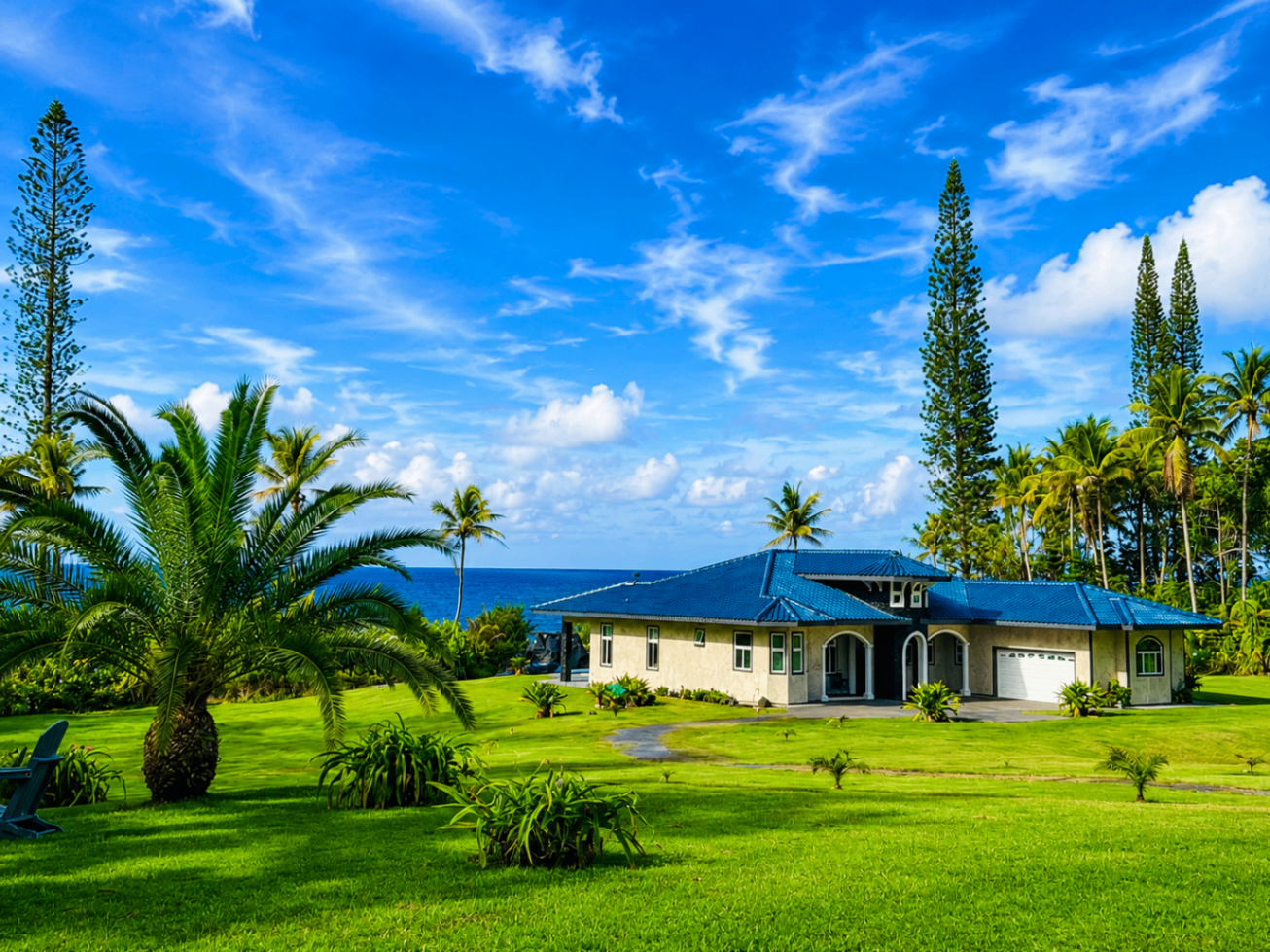 Wild Blue Waters villa with blue-tile roof framed by palms and the deep blue Pacific
