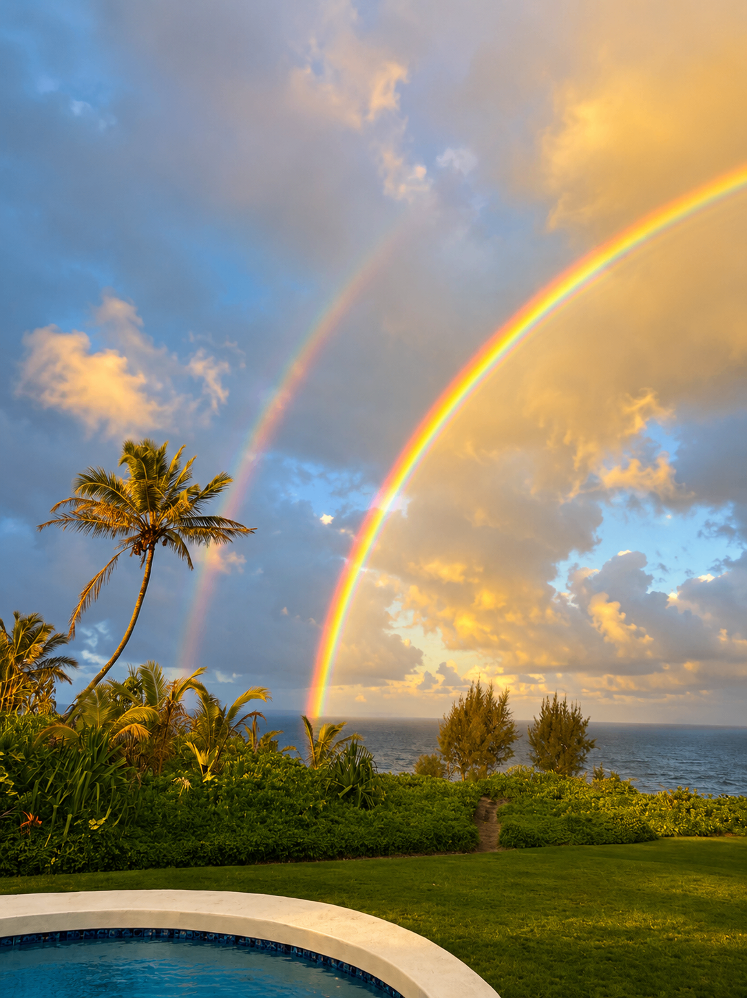 Double rainbow arching above the Pacific beyond the estate pool and palm tree at golden hour