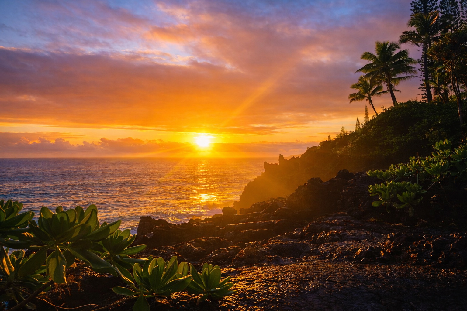 Orange sunrise rays streaming through palms above the lava coastline