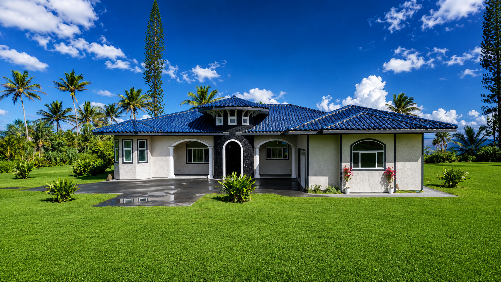 The estate Villa with blue tile roof set among tropical gardens and palm trees