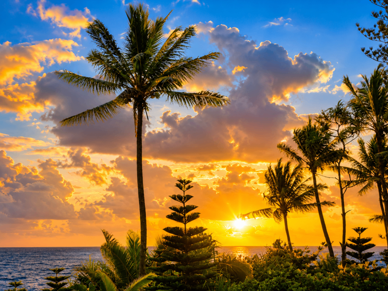 Golden Hawaiian sunset with silhouetted palms and Norfolk pines above the Pacific