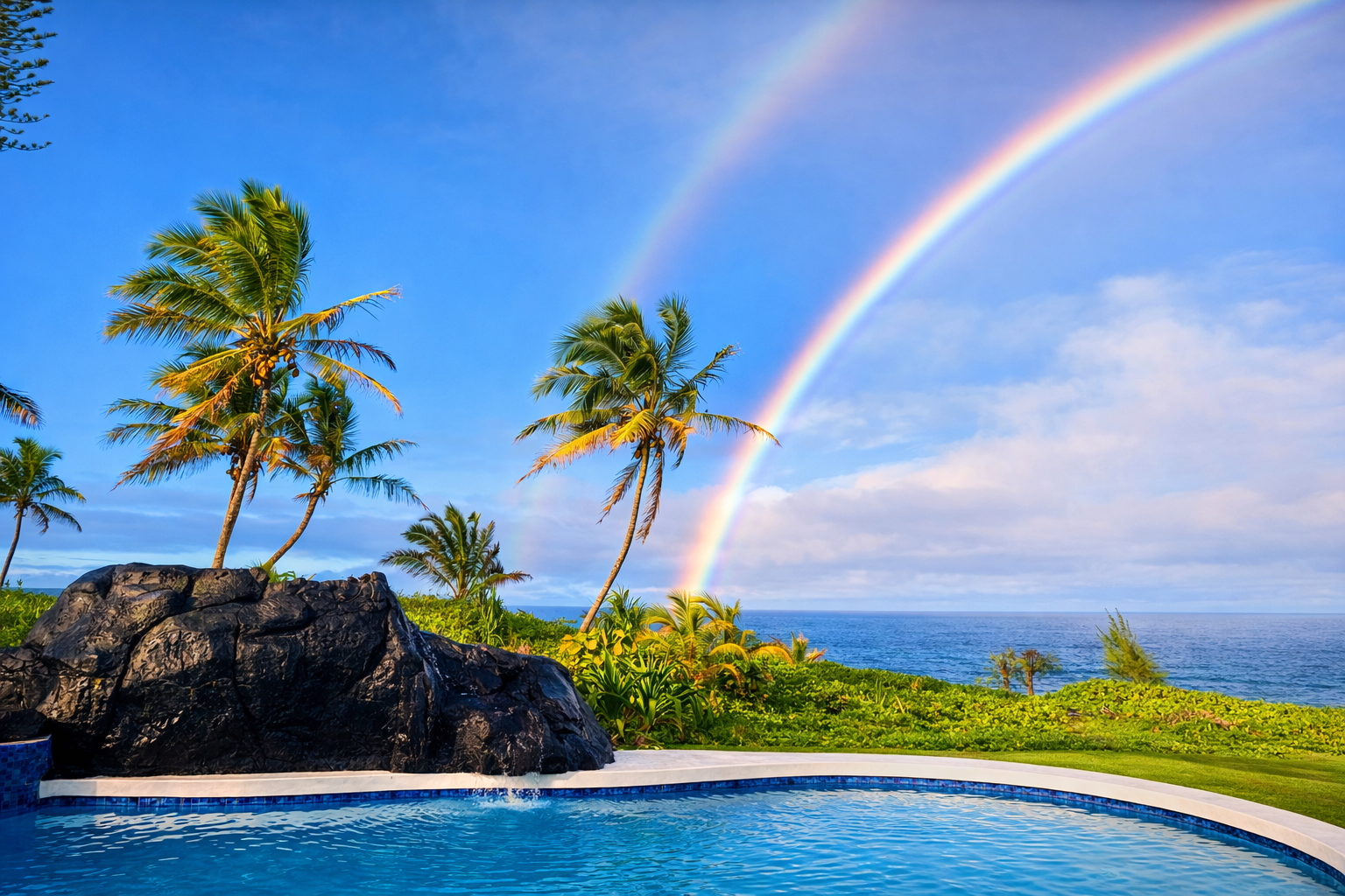Double rainbow rising over the ocean beyond the estate pool and lava rock feature
