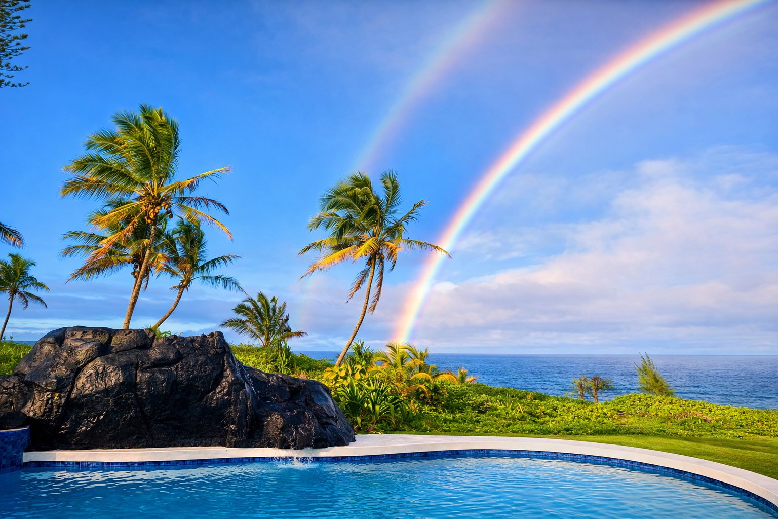 Double rainbow rising over the ocean beyond the estate pool and lava rock feature