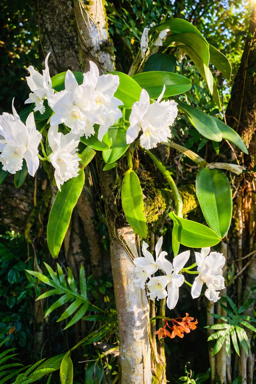 Cascading white orchids blooming on a moss-covered tree in the estate's tropical garden