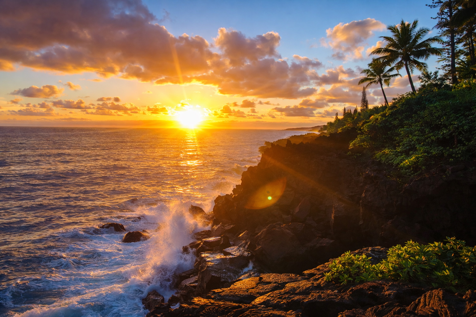 Sunset breaking over the lava ocean cliffs with crashing surf at Wild Blue Waters