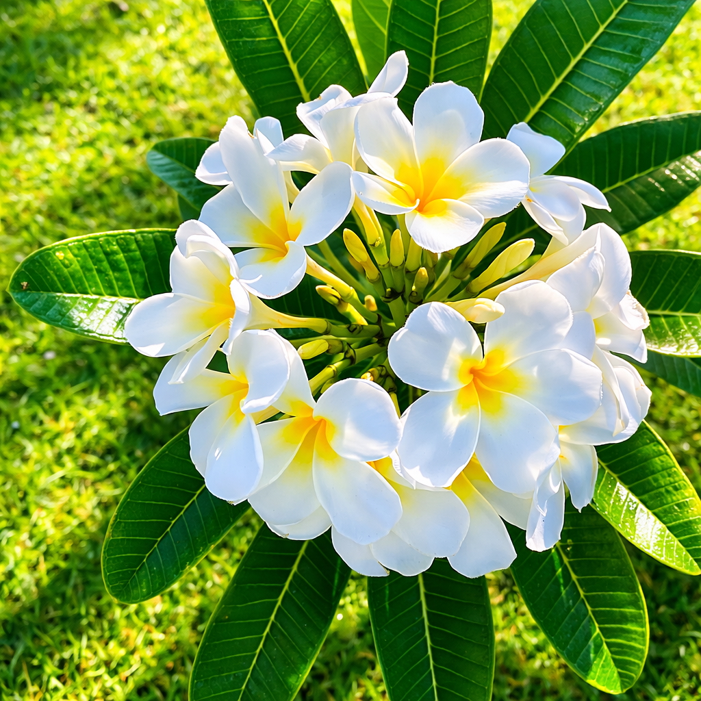 Cluster of white plumeria blossoms with golden centers against glossy green leaves