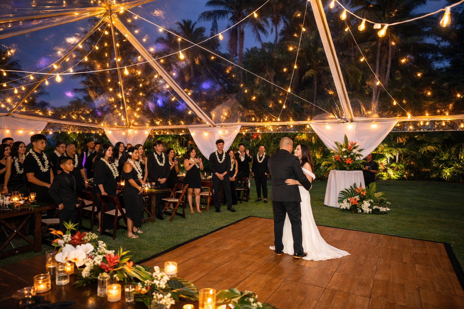 First dance beneath string lights and a clear reception tent surrounded by tropical foliage
