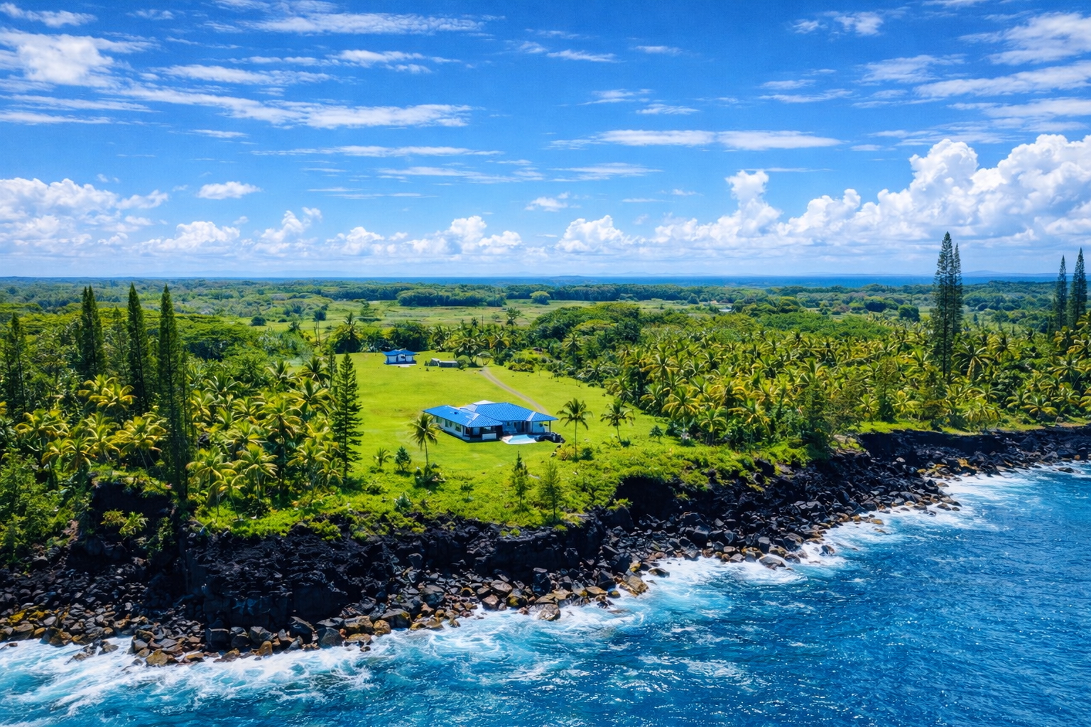 Aerial view of the Wild Blue Waters estate perched on black lava cliffs above the Pacific