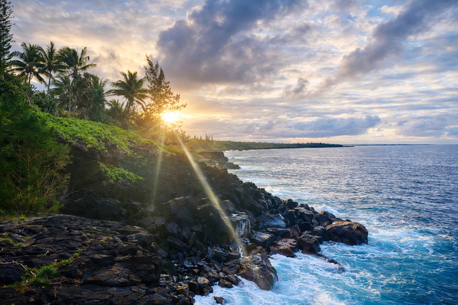 Lush tropical palms and greenery above the turquoise Pacific cliffs