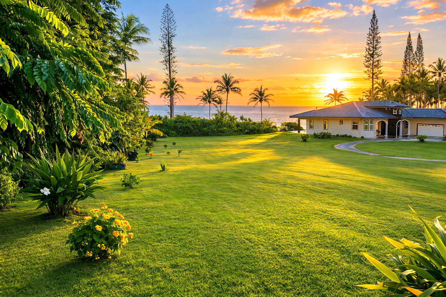 The estate lawn and home glowing in warm sunset light with the Pacific beyond