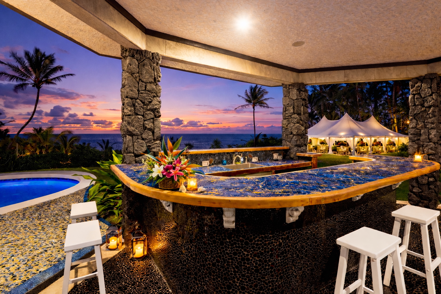 Ocean-view bar glowing at sunset with tiki torches and Pacific views