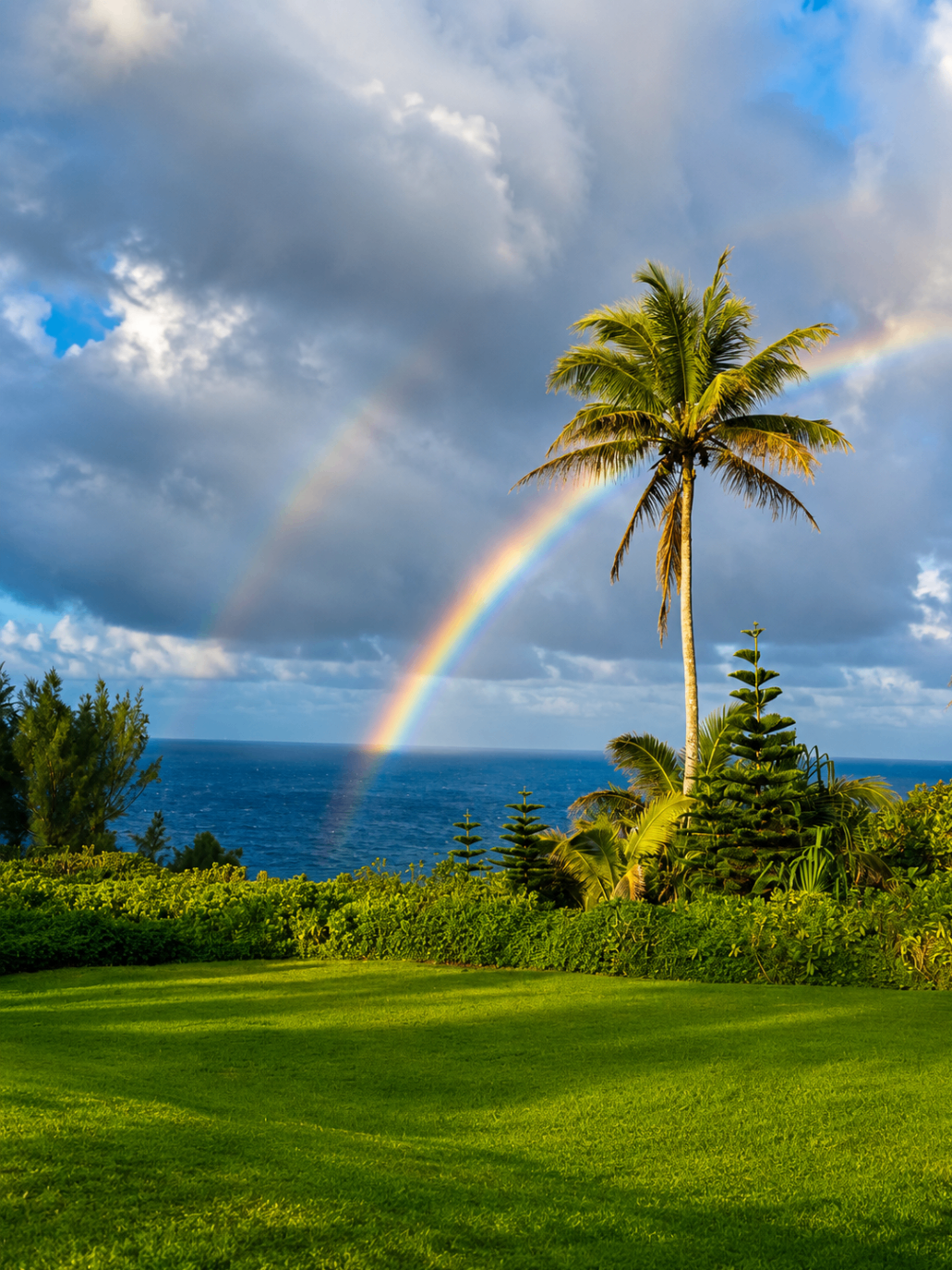 Palm tree silhouetted against a double rainbow rising from the ocean above the estate lawn