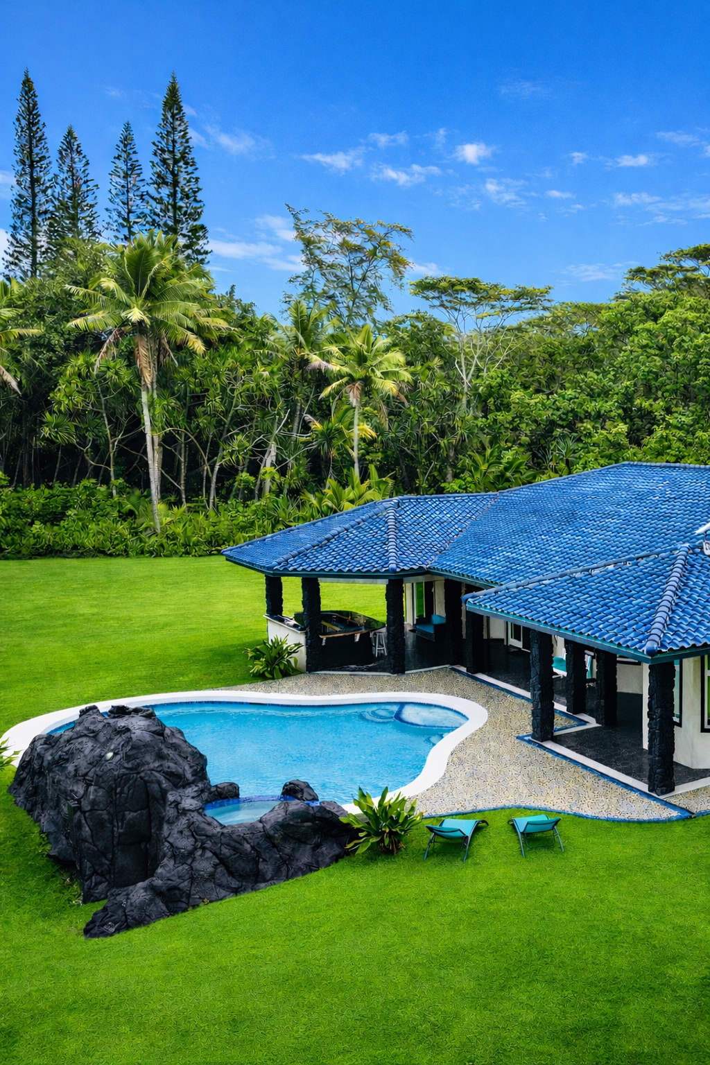 Drone view of the freeform pool, lava-rock spa, blue-tile roof villa, and sweeping lawn