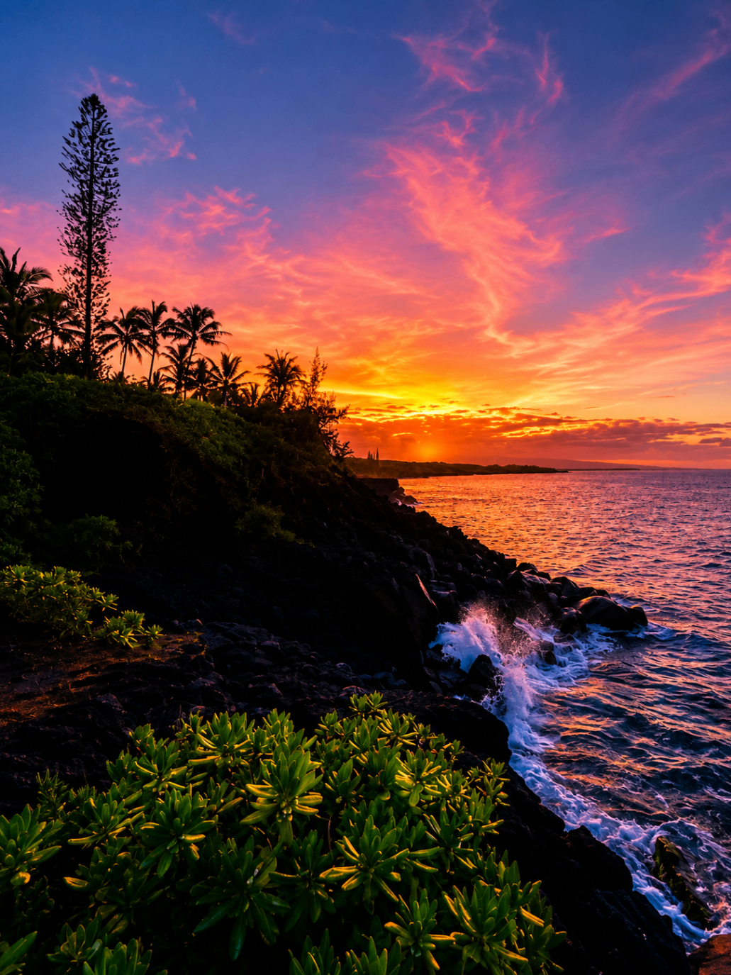 Dramatic pink and orange sunset above surf crashing on the lava rock coastline