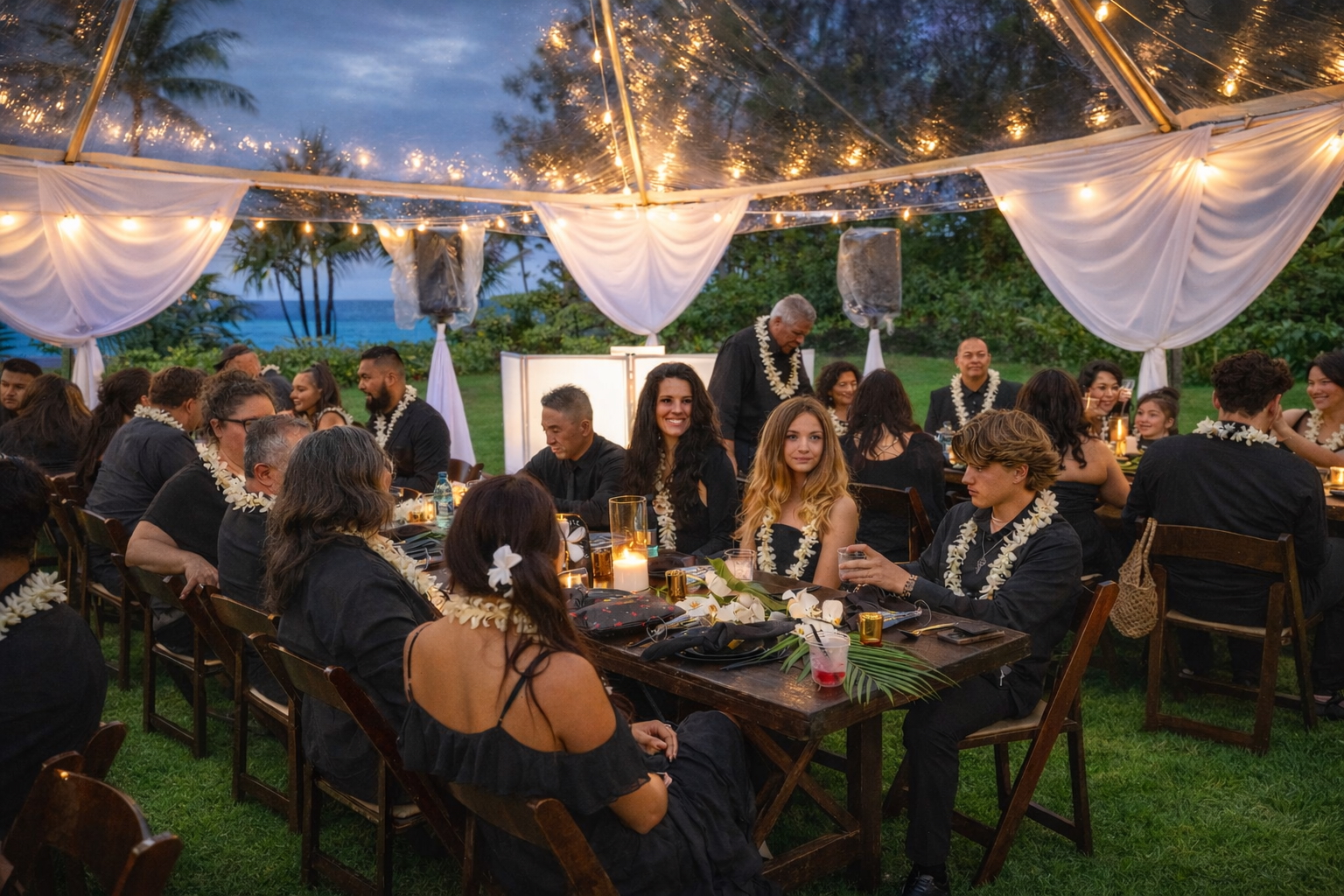 Guests in leis smiling around candlelit dinner tables beneath a draped tent facing the ocean