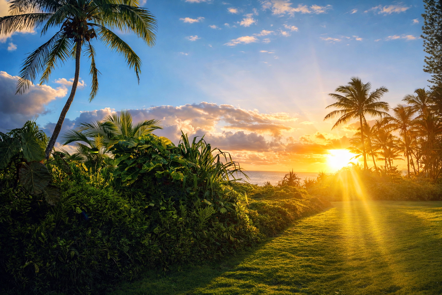 Golden sunrise rays over the estate lawn framed by palms and lush tropical plantings