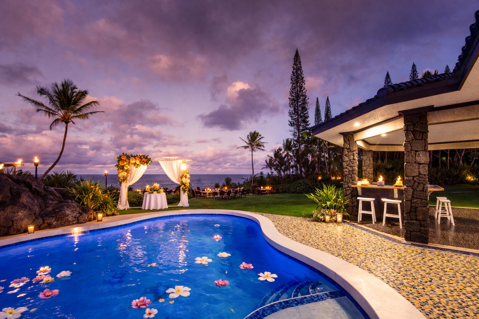 Pool and bar at dusk with ocean views